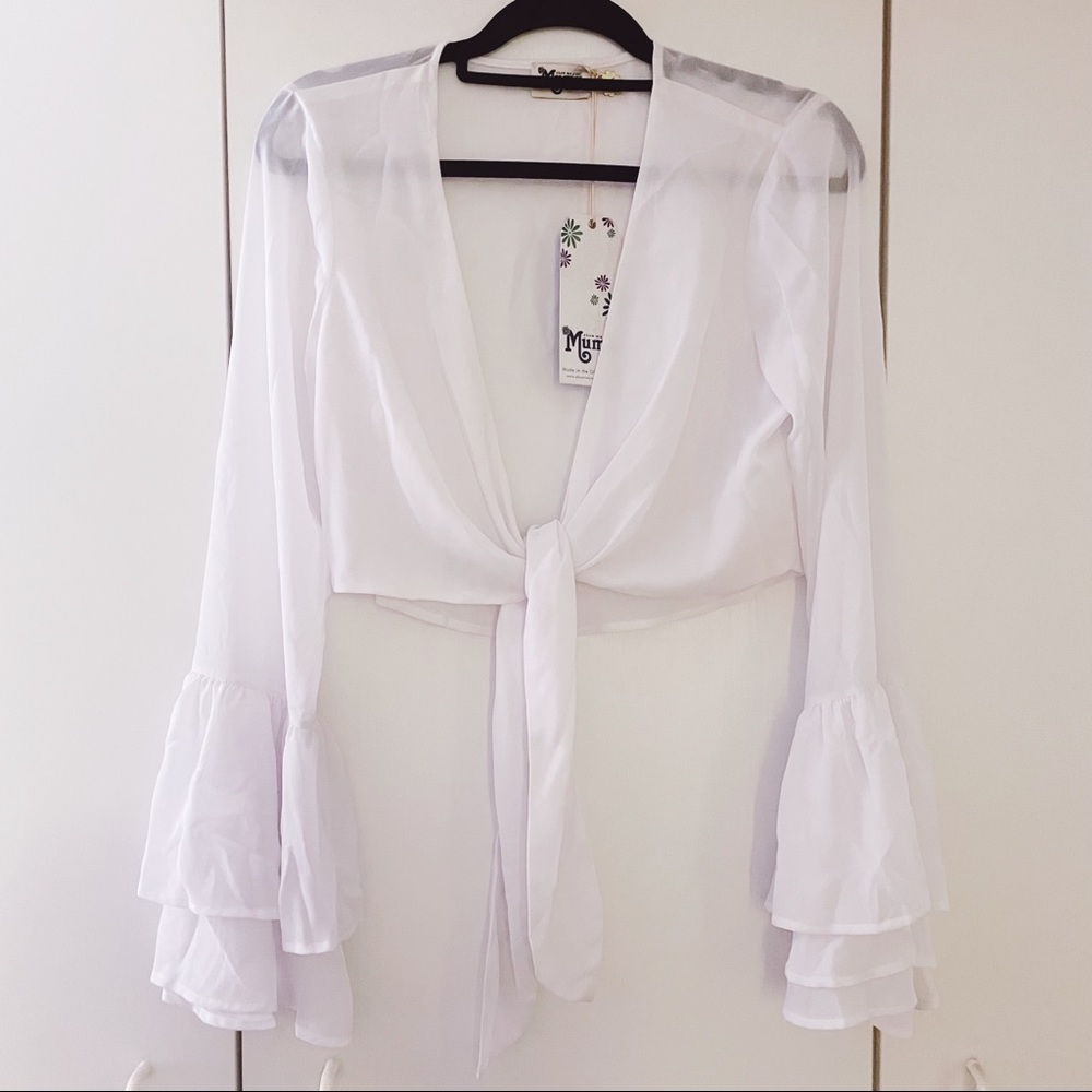NWT SHOW ME YOUR MUMU Cute White Deep V Tie-Front Blouse Top Flounce Sleeve New